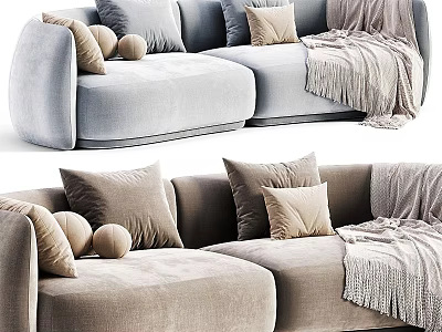 Modern Two Seater Sofa In Light Blue And Beige With Soft Pillows And Cozy Blanket 3d model