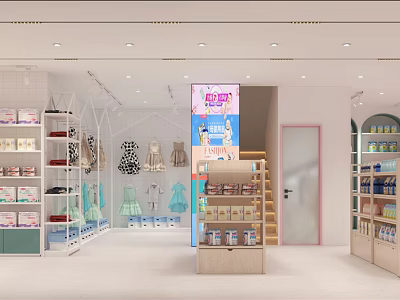 Bright Children's Clothing And Toy Store Interior With Dresses Toys And Display Shelves 3d model