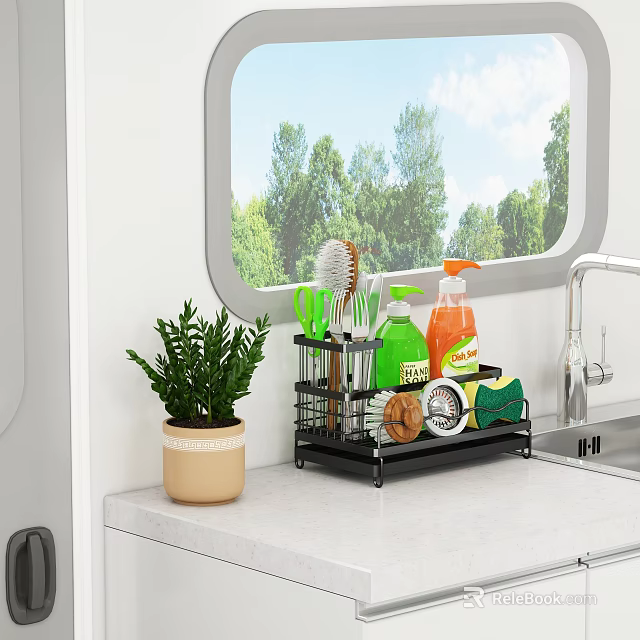 Kitchen Countertop Storage Rack With Cleaning Supplies Brush Sponge And Potted Plant 3d model 