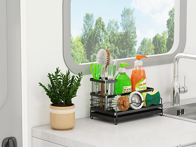 Kitchen Countertop Storage Rack With Cleaning Supplies Brush Sponge And Potted Plant 3d model