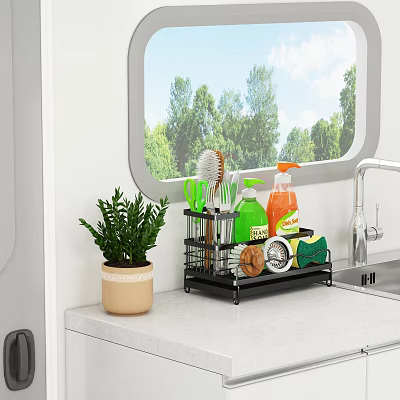 Kitchen Countertop Storage Rack With Cleaning Supplies Brush Sponge And Potted Plant 3d model