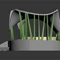 Cartoon Scene Featuring Round Platform White Curved Roof Green Pillars Beige Seats Ramp And Steps