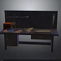 Practical Wooden Workbench With Tools Hammer Ruler Red Box Wooden Boards And Hanging Tools