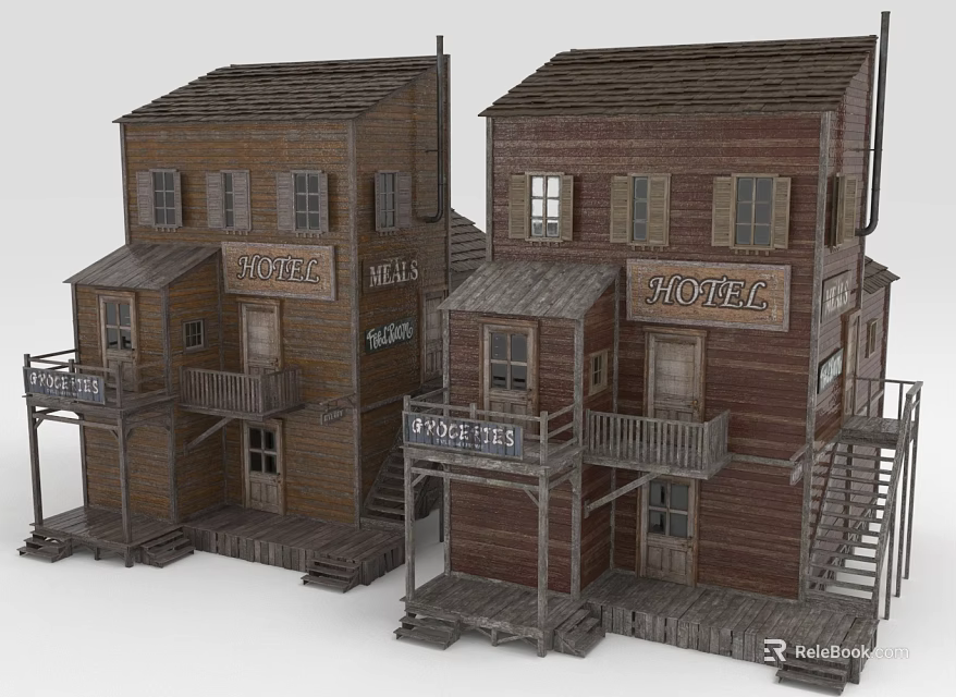 Old Western Wooden Hotel And Barber Shop Buildings With Wooden Stairs Balconies And Vintage Signs 3d model 