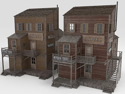 Old Western Wooden Hotel And Barber Shop Buildings With Wooden Stairs Balconies And Vintage Signs 3d model