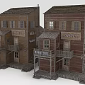 Old Western Wooden Hotel And Barber Shop Buildings With Wooden Stairs Balconies And Vintage Signs