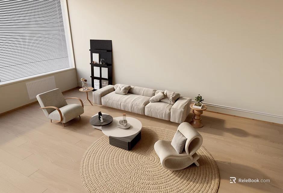 Modern Neutral Sofa and Coffee Table Set with Armchairs and Jute Rug 3d model 