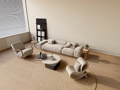 Modern Neutral Sofa and Coffee Table Set with Armchairs and Jute Rug 3d model