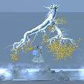 Hanging White Tree Branches With Golden Leaves And Figure By Misty Water Surface Stones