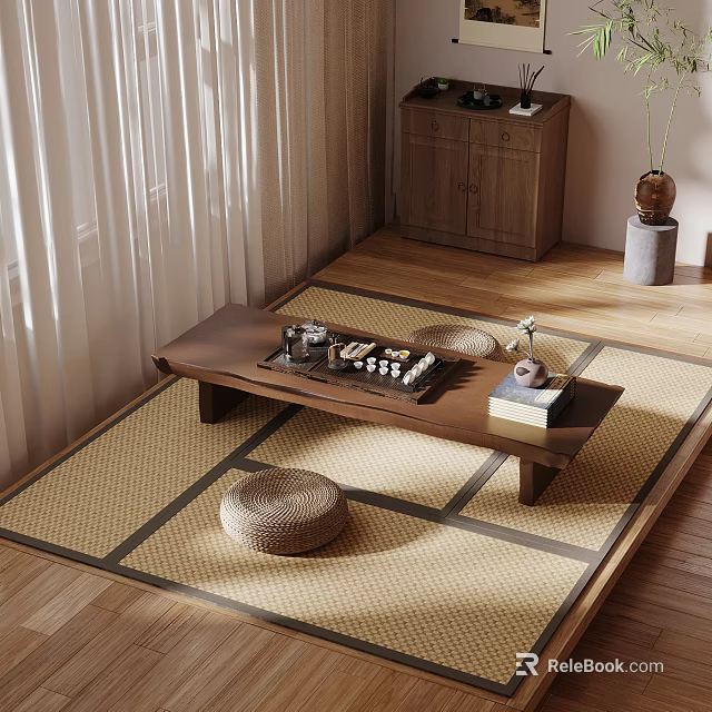 Cozy Japanese Tea Room With Wooden Table Tea Sets Straw Cushions And Cabinet 3d model 