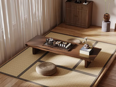 Cozy Japanese Tea Room With Wooden Table Tea Sets Straw Cushions And Cabinet 3d model