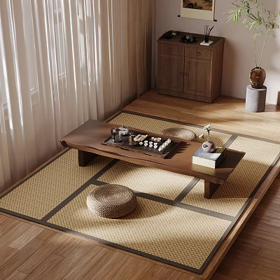Cozy Japanese Tea Room With Wooden Table Tea Sets Straw Cushions And Cabinet 3d model