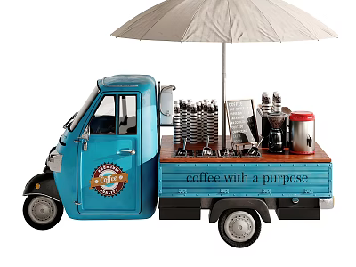 Blue Functional Vehicle For Coffee Service With Umbrella Machine And Cups 3d model