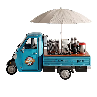 Blue Functional Vehicle For Coffee Service With Umbrella Machine And Cups 3d model