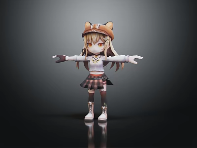 3D Anime Girl Character With Cat Ear Hat Yellow Eyes Brown Hair And Plaid Skirt 3d model