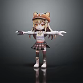 3D Anime Girl Character With Cat Ear Hat Yellow Eyes Brown Hair And Plaid Skirt