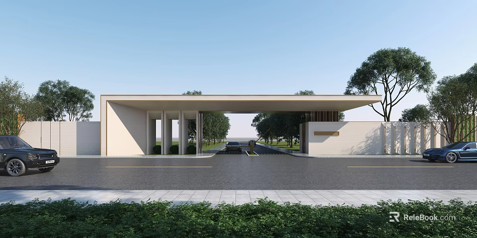 Modern Entrance Gate Structure With Long Roof Columns And Tree Surrounded Driveway 3d model 