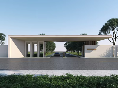 Modern Entrance Gate Structure With Long Roof Columns And Tree Surrounded Driveway 3d model