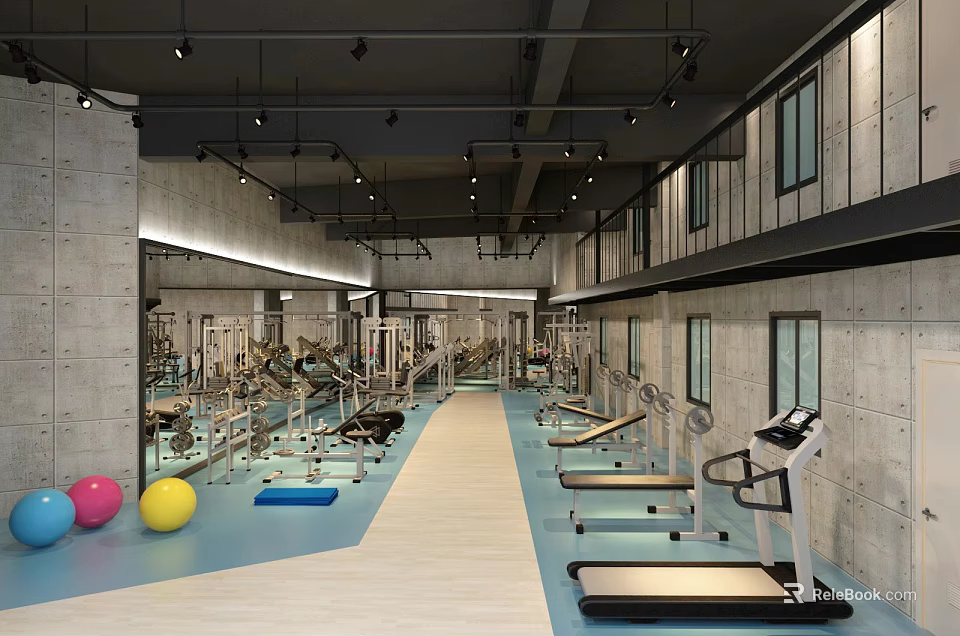 Spacious Modern Fitness Gym Interior With Treadmills Workout Benches Colored Exercise Balls And Concrete Walls 3d model 