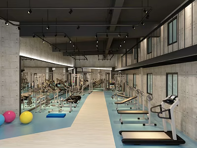 Spacious Modern Fitness Gym Interior With Treadmills Workout Benches Colored Exercise Balls And Concrete Walls 3d model