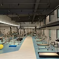 Spacious Modern Fitness Gym Interior With Treadmills Workout Benches Colored Exercise Balls And Concrete Walls