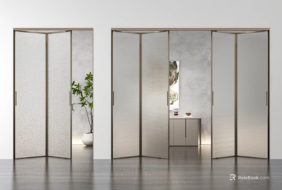 Folding Doors In Modern Interior With Green Plant And Cabinet 3d model 