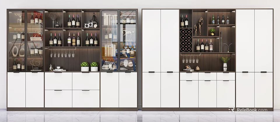 Modern Wine Cabinet With Glass Doors Wine Bottles Glasses Storage Drawers And Decorative Plants 3d model 