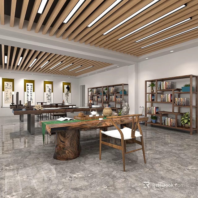 Traditional Study Room Interior With Wooden Table Bookshelves And Calligraphy Works 3d model 