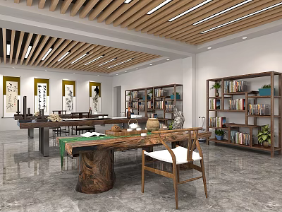 Traditional Study Room Interior With Wooden Table Bookshelves And Calligraphy Works 3d model