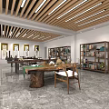 Traditional Study Room Interior With Wooden Table Bookshelves And Calligraphy Works