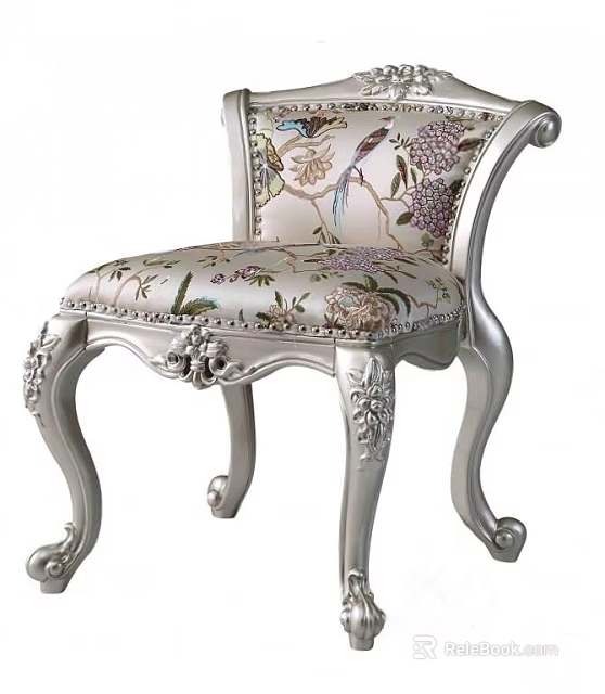European Style Dining Chair With Silver Carved Legs And Floral Bird Patterns 3d model 