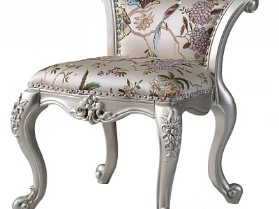 European Style Dining Chair With Silver Carved Legs And Floral Bird Patterns 3d model