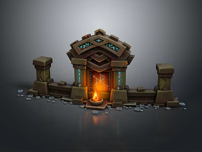 Ornate Ancient Stone Gate Structure With Central Burning Fire Stone Pillars And Scattered Rocks 3d model