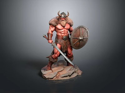 Muscular Viking Warrior Man Wearing Horned Helmet Holding Sword And Shield Standing On Rock Base 3d model