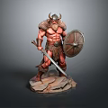 Muscular Viking Warrior Man Wearing Horned Helmet Holding Sword And Shield Standing On Rock Base