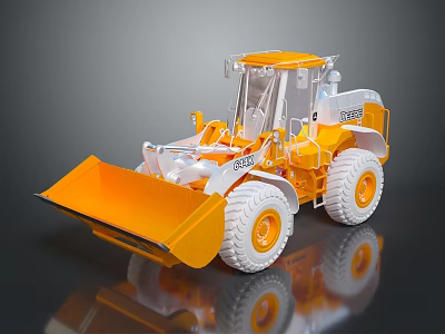 Orange Utility Loader Vehicle With Front Bucket White Wheels And Heavy Duty Cab Structure 3d model