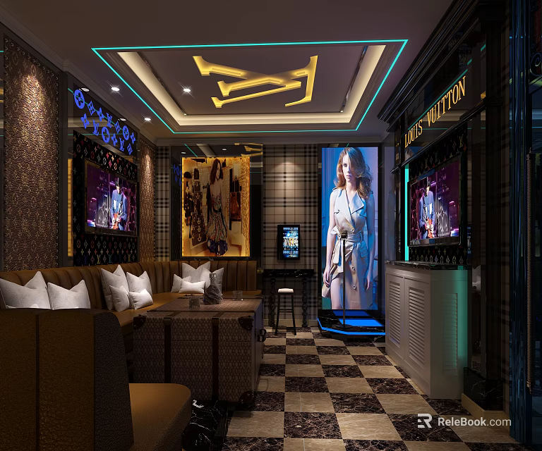 Modern KTV Interior With Colorful Lighting Comfortable Sofa And Decorative Screens 3d model 