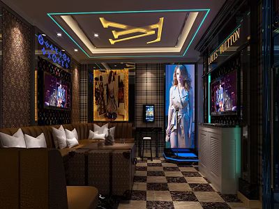 Modern KTV Interior With Colorful Lighting Comfortable Sofa And Decorative Screens 3d model
