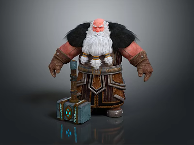 Fantasy Muscular Dwarf Character With White Beard Fur Trimmed Outfit Stone Hammer And Wooden Chest 3d model