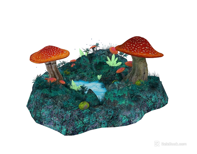 Fresh Vegetables Growing in Lush Green Grass with Small Pond and Mossy Ground 3d model 