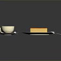 Creamy Coffee and Golden Cake Slice on White Plates with Silver Forks in Dark Background