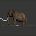 Woolly Mammoth With Long Tusks Standing In Snowy Habitat Surrounded By Grass And Small Plants