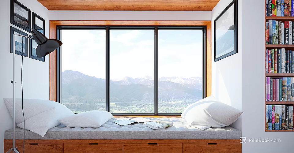 Bedroom Interior Wooden Bay Window Seat With Large Windows Mountain View Soft Cushions Pillows And Magazines 3d model 