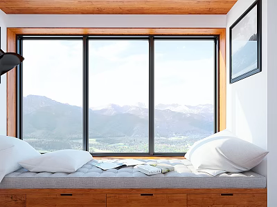 Bedroom Interior Wooden Bay Window Seat With Large Windows Mountain View Soft Cushions Pillows And Magazines 3d model
