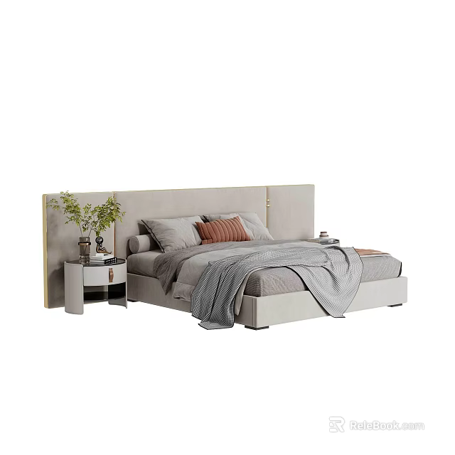 Modern Double Bed Interior With Light Gray Headboard Pillows And Nightstand Plants 3d model