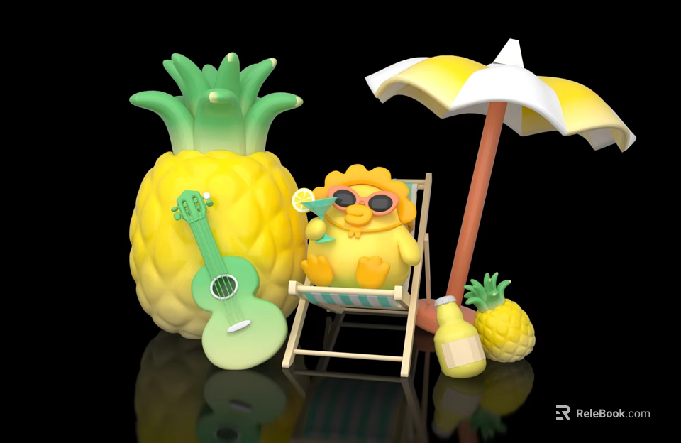 Cute Summer Decorative Collection With Pineapple Beach Chair Sunshade Guitar And Small Bottle 3d model 