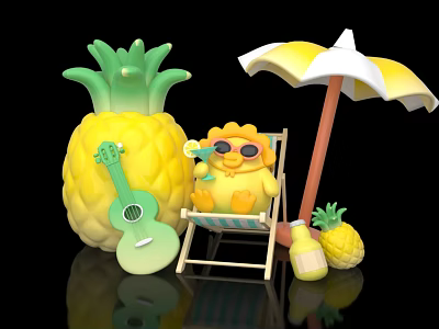 Cute Summer Decorative Collection With Pineapple Beach Chair Sunshade Guitar And Small Bottle 3d model