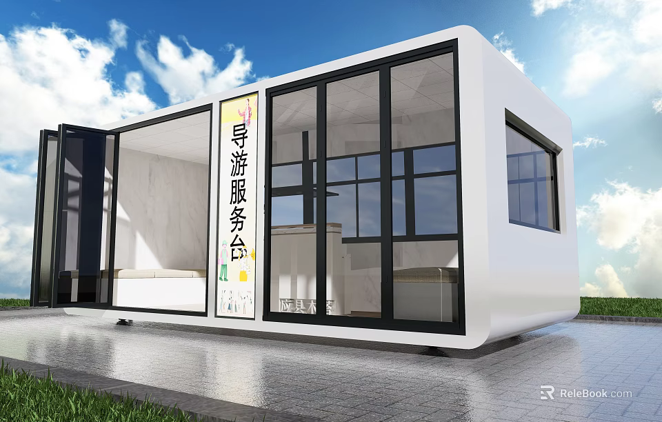 Modern Glass Front Tour Guide Service Reception Desk With Interior Seating Area 3d model 