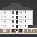 Colorful Cartoon Scene of Multi Story Building with White Brown Exterior and Gray Roof