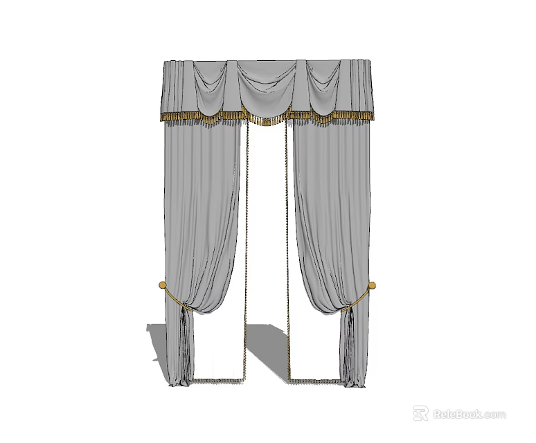 Elegant Gray Curtains with Pleated Top and Gold Tassels for Window Decoration 3d model 